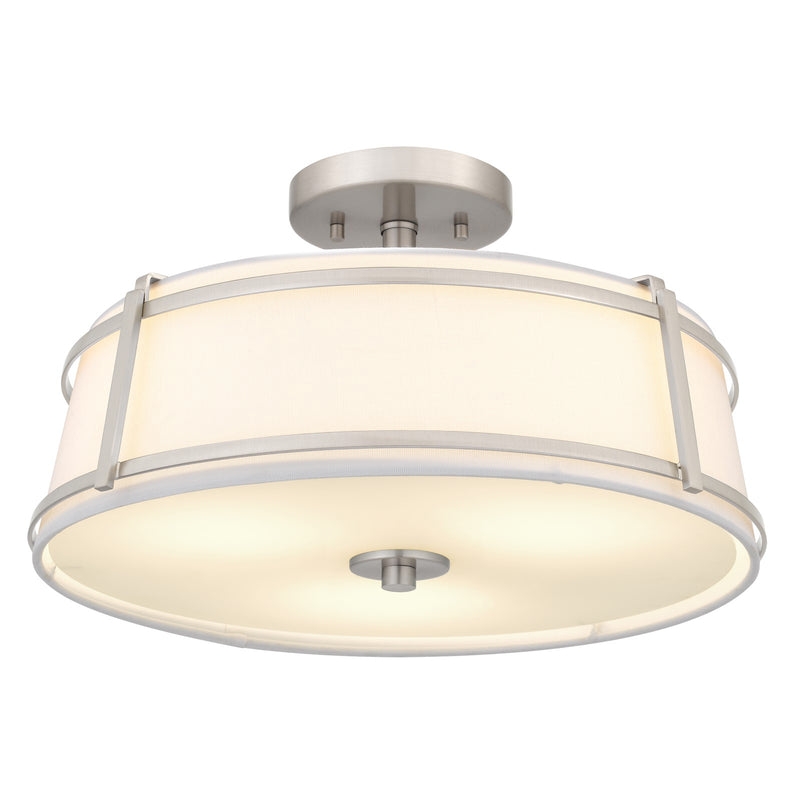 Quoizel Sloane 16in 3-Light Semi-Flush Mount | Brushed Nickel Steel and White Fabric Shade | Bedroom & Hallway | 16 x 16 x 9.25 in | Model SLN1716BN