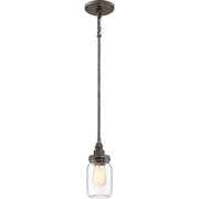 Quoizel Squire 4in 1-Light Mini Pendant | Industrial Rustic Black and Clear Glass | Kitchen Island & Bar | 4.25 x 4.25 x 9.5 in | Model SQR1504RK
