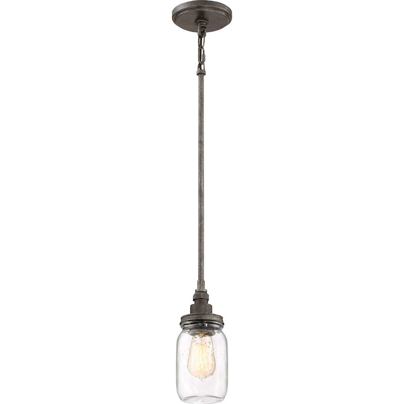 Quoizel Squire 4in 1-Light Mini Pendant | Industrial Rustic Black and Clear Glass | Kitchen Island & Bar | 4.25 x 4.25 x 9.5 in | Model SQR1504RK