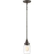 Quoizel Squire 4in 1-Light Mini Pendant | Industrial Rustic Black and Clear Glass | Kitchen Island & Bar | 4.25 x 4.25 x 9.5 in | Model SQR1504RK