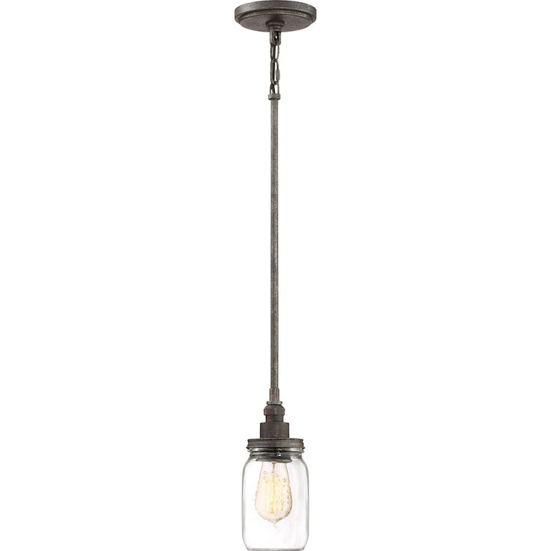 Quoizel Squire 4in 1-Light Mini Pendant | Industrial Rustic Black and Clear Glass | Kitchen Island & Bar | 4.25 x 4.25 x 9.5 in | Model SQR1504RK