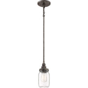 Quoizel Squire 4in 1-Light Mini Pendant | Industrial Rustic Black and Clear Glass | Kitchen Island & Bar | 4.25 x 4.25 x 9.5 in | Model SQR1504RK