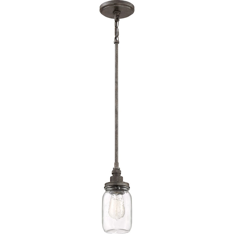 Quoizel Squire 4in 1-Light Mini Pendant | Industrial Rustic Black and Clear Glass | Kitchen Island & Bar | 4.25 x 4.25 x 9.5 in | Model SQR1504RK