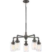 Quoizel Squire 26in 5-Light Chandelier | Industrial Rustic Black and Clear Glass | Dining Room & Foyer | 26 x 26 x 23 in | Model SQR5005RK