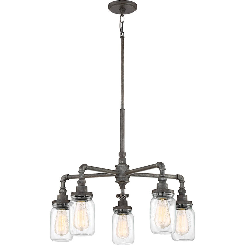 Quoizel Squire 26in 5-Light Chandelier | Industrial Rustic Black and Clear Glass | Dining Room & Foyer | 26 x 26 x 23 in | Model SQR5005RK