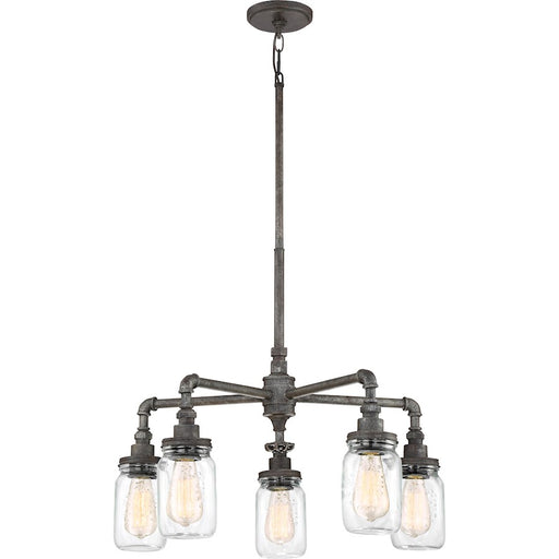 Quoizel Squire 26in 5-Light Chandelier | Industrial Rustic Black and Clear Glass | Dining Room & Foyer | 26 x 26 x 23 in | Model SQR5005RK
