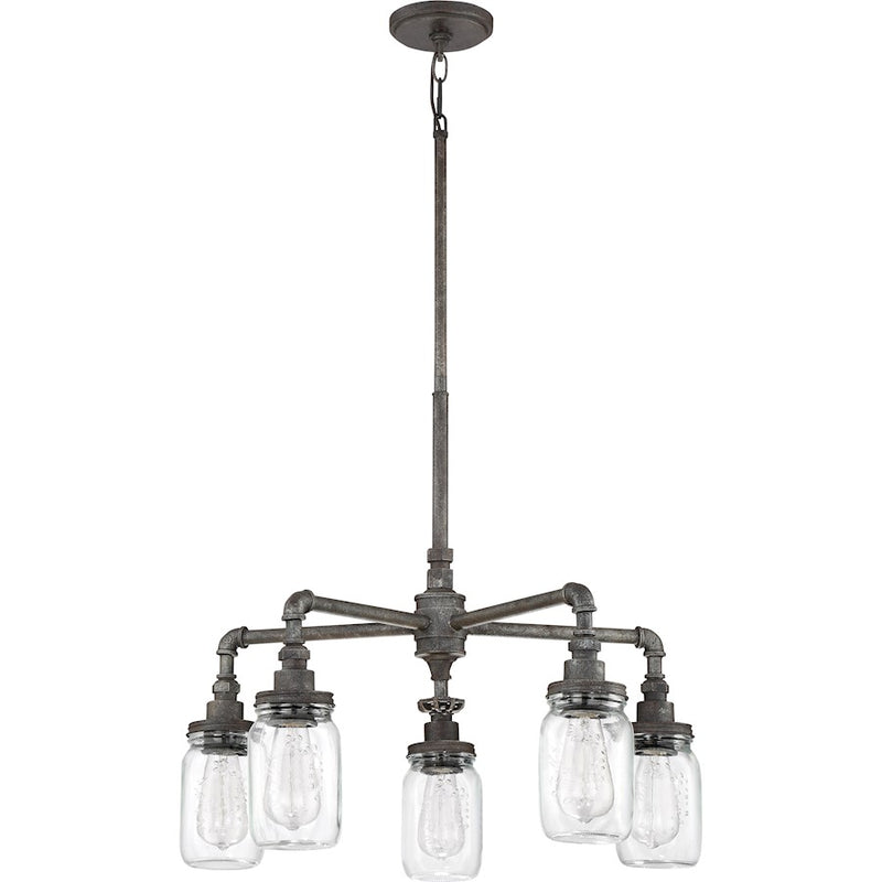 Quoizel Squire 26in 5-Light Chandelier | Industrial Rustic Black and Clear Glass | Dining Room & Foyer | 26 x 26 x 23 in | Model SQR5005RK