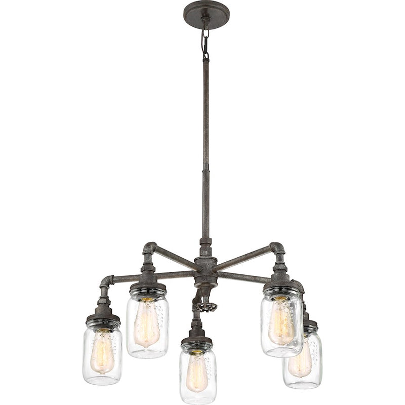 Quoizel Squire 26in 5-Light Chandelier | Industrial Rustic Black and Clear Glass | Dining Room & Foyer | 26 x 26 x 23 in | Model SQR5005RK