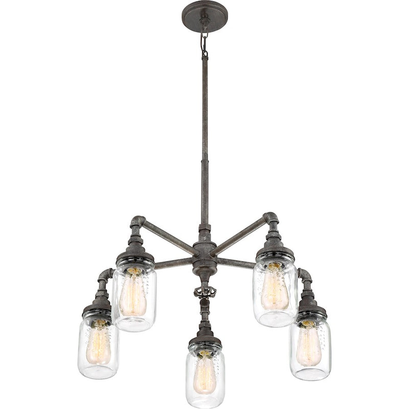 Quoizel Squire 26in 5-Light Chandelier | Industrial Rustic Black and Clear Glass | Dining Room & Foyer | 26 x 26 x 23 in | Model SQR5005RK