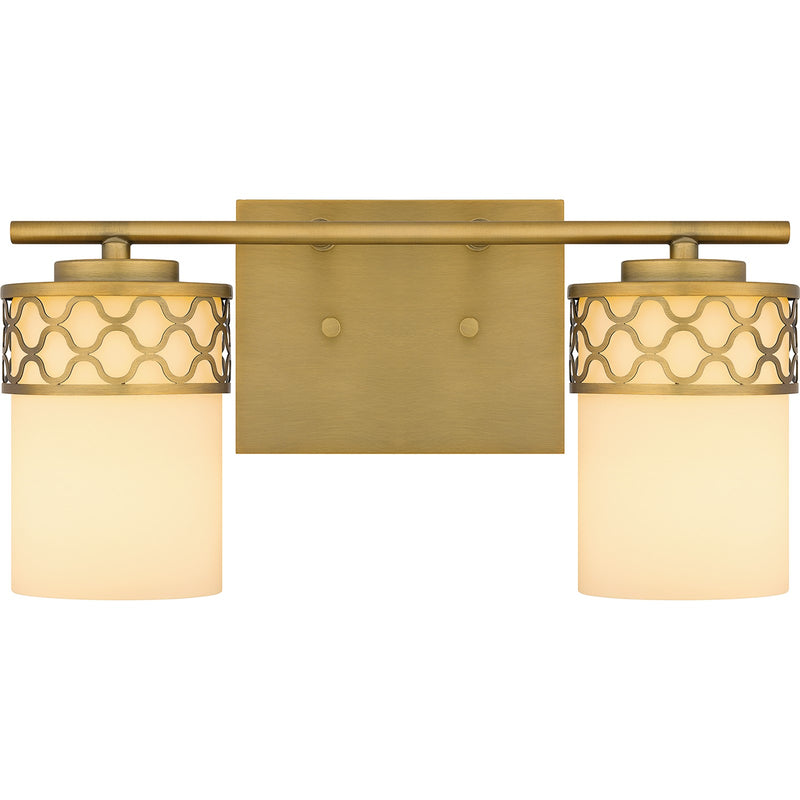 Quoizel Tenley 15in 2-Light Vanity Light | Modern Aged Brass Steel and Opal Etched Glass | Bathroom Vanity & Powder Room | Model TEN8615AB