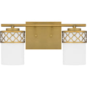 Quoizel Tenley 15in 2-Light Vanity Light | Modern Aged Brass Steel and Opal Etched Glass | Bathroom Vanity & Powder Room | Model TEN8615AB