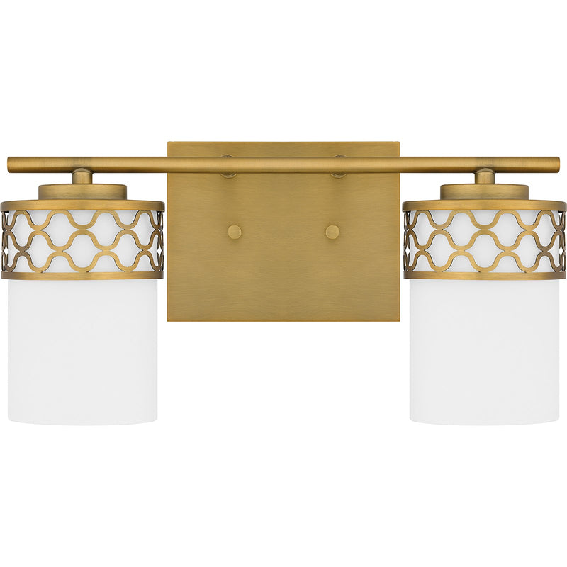 Quoizel Tenley 15in 2-Light Vanity Light | Modern Aged Brass Steel and Opal Etched Glass | Bathroom Vanity & Powder Room | Model TEN8615AB