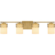 Quoizel Tenley 32in 4-Light Vanity Light | Modern Aged Brass and Opal Etched Glass | Bathroom Vanity | 32 x 6 x 7.5 in | Model TEN8632AB