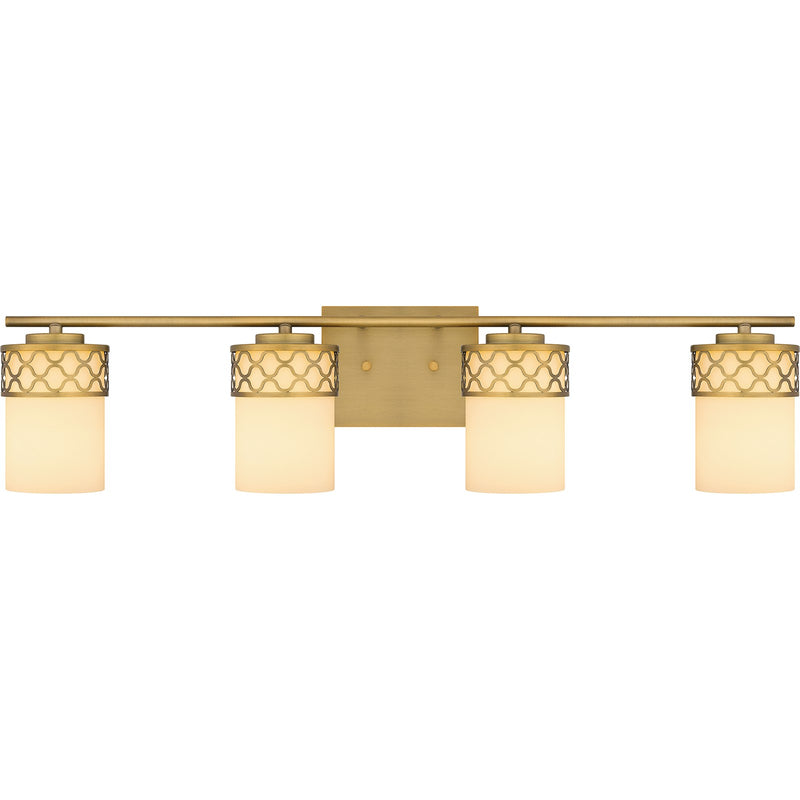 Quoizel Tenley 32in 4-Light Vanity Light | Modern Aged Brass and Opal Etched Glass | Bathroom Vanity | 32 x 6 x 7.5 in | Model TEN8632AB