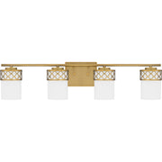 Quoizel Tenley 32in 4-Light Vanity Light | Modern Aged Brass and Opal Etched Glass | Bathroom Vanity | 32 x 6 x 7.5 in | Model TEN8632AB