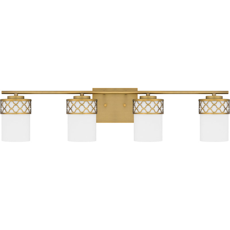 Quoizel Tenley 32in 4-Light Vanity Light | Modern Aged Brass and Opal Etched Glass | Bathroom Vanity | 32 x 6 x 7.5 in | Model TEN8632AB