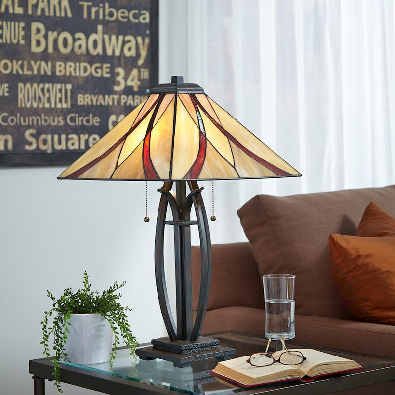 Quoizel Asheville 25in 2-Light Table Lamp | Traditional Valiant Bronze and Multicolor Art Glass | Bedroom & Living Room Accent | Model TF1180TVA