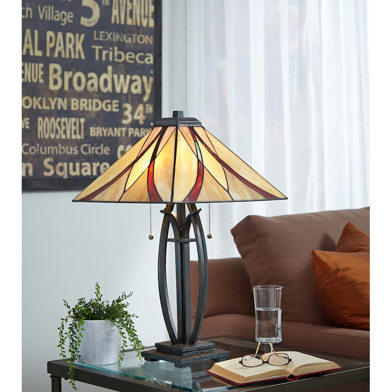 Quoizel Asheville 25in 2-Light Table Lamp | Traditional Valiant Bronze and Multicolor Art Glass | Bedroom & Living Room Accent | Model TF1180TVA
