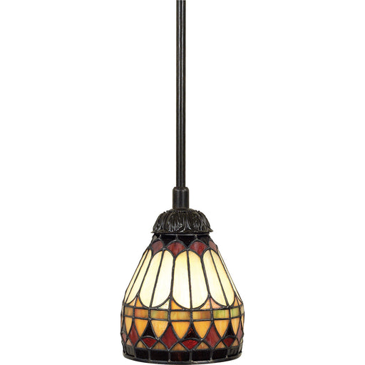 Quoizel West End 6in 1-Light Mini Pendant | Rustic Vintage Bronze and Multicolor Art Glass | Kitchen Island & Dining Room | Model TF1541VB