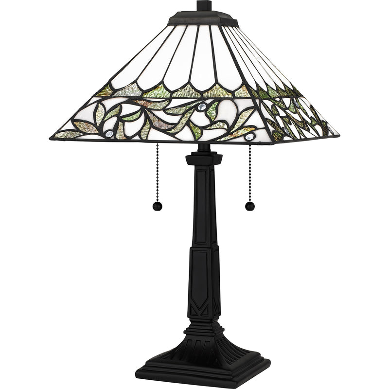 Quoizel Galahad 14in 2-Light Table Lamp | Traditional Matte Black and Multicolor Art Glass | Bedroom & Home Office | Model TF16135MBK