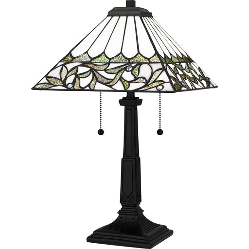 Quoizel Galahad 14in 2-Light Table Lamp | Traditional Matte Black and Multicolor Art Glass | Bedroom & Home Office | Model TF16135MBK