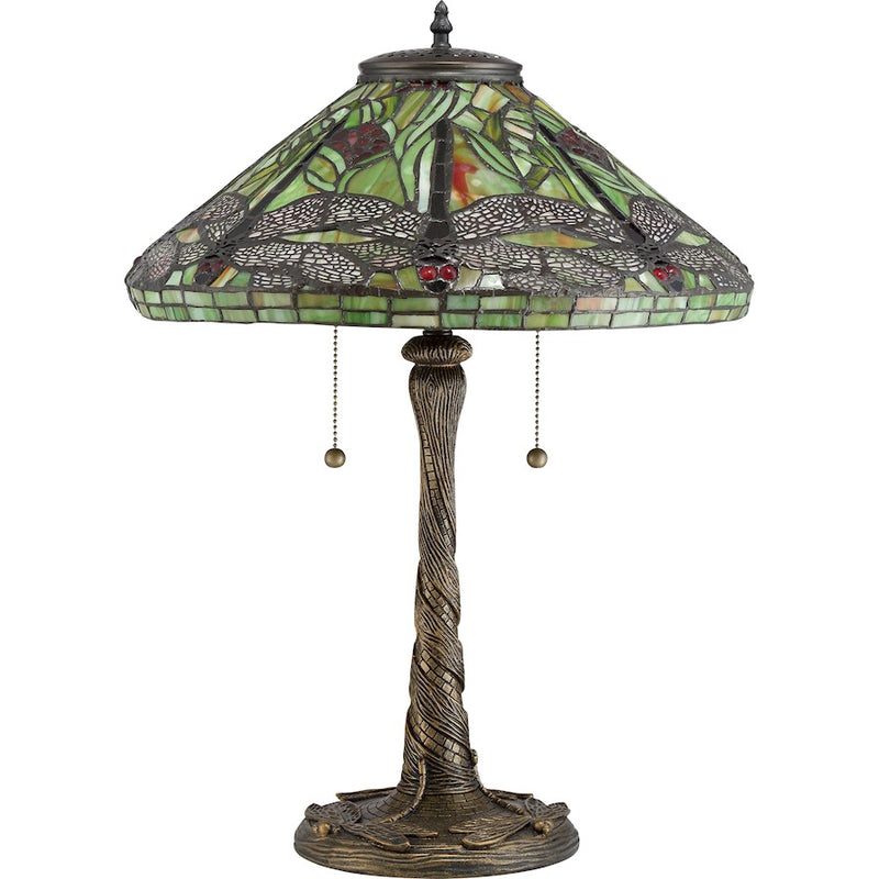 Quoizel Jungle Dragonfly 17in 2-Light Table Lamp | Tiffany Architectural Bronze and Multicolor Art Glass | Bedroom & Living Room | Model TF2598T