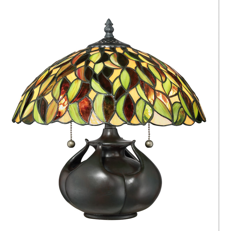 Quoizel Greenwood 14in 2-Light Table Lamp | Tiffany Valiant Bronze and Multicolor Art Glass | Bedroom & Living Room | Model TF3181T