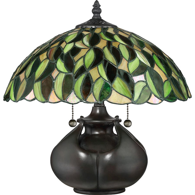 Quoizel Greenwood 14in 2-Light Table Lamp | Tiffany Valiant Bronze and Multicolor Art Glass | Bedroom & Living Room | Model TF3181T