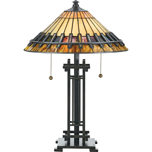 Quoizel Chastain 15.5in 2-Light Table Lamp | Arts and Crafts Bronze and Multicolor Art Glass | Bedroom & Living Room | Model TF489T