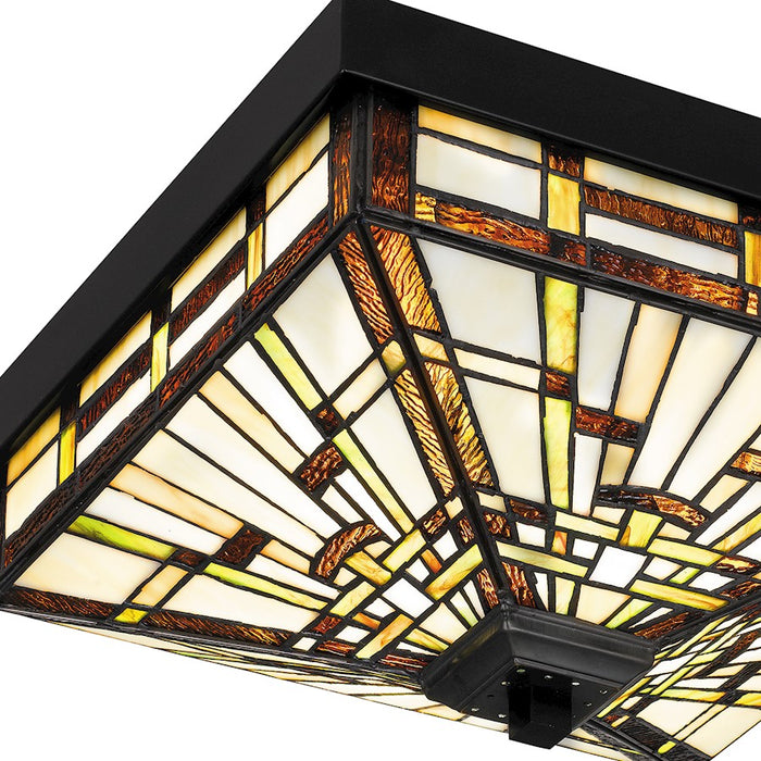 Quoizel Mill Run 3 Light Flush Mount, Black/Multicolor Art Glass