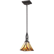 Quoizel Asheville 7in 1-Light Mini Pendant | Traditional Valiant Bronze and Multicolor Art Glass | Kitchen Island & Dining Room | Model TFAS1507VA