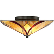 Quoizel Asheville 15in 2-Light Flush Mount | Traditional Valiant Bronze and Multicolor Art Glass | Bedroom & Hallway | Model TFAS1615VA