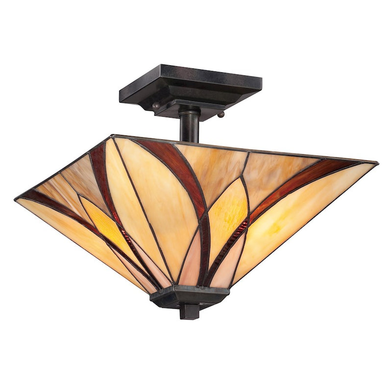 Quoizel Asheville 14in 2-Light Semi-Flush Mount | Traditional Valiant Bronze and Multicolor Art Glass | Bedroom & Hallway | Model TFAS1714VA