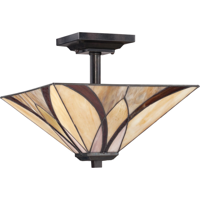 Quoizel Asheville 14in 2-Light Semi-Flush Mount | Traditional Valiant Bronze and Multicolor Art Glass | Bedroom & Hallway | Model TFAS1714VA