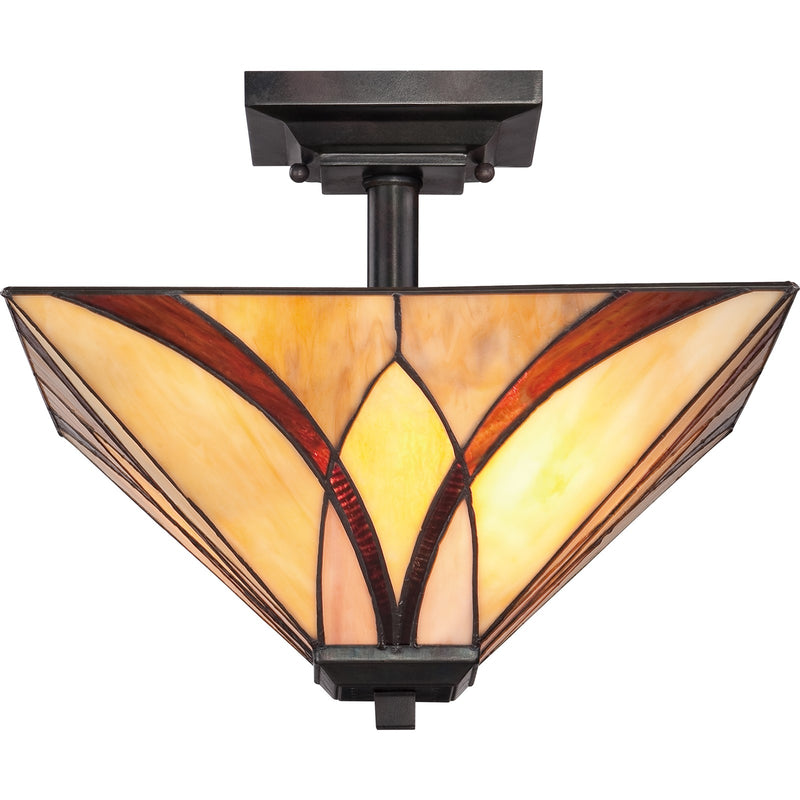 Quoizel Asheville 14in 2-Light Semi-Flush Mount | Traditional Valiant Bronze and Multicolor Art Glass | Bedroom & Hallway | Model TFAS1714VA