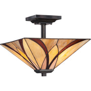 Quoizel Asheville 14in 2-Light Semi-Flush Mount | Traditional Valiant Bronze and Multicolor Art Glass | Bedroom & Hallway | Model TFAS1714VA