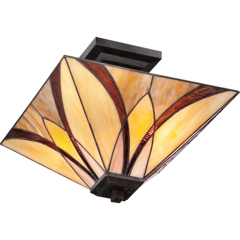 Quoizel Asheville 14in 2-Light Semi-Flush Mount | Traditional Valiant Bronze and Multicolor Art Glass | Bedroom & Hallway | Model TFAS1714VA