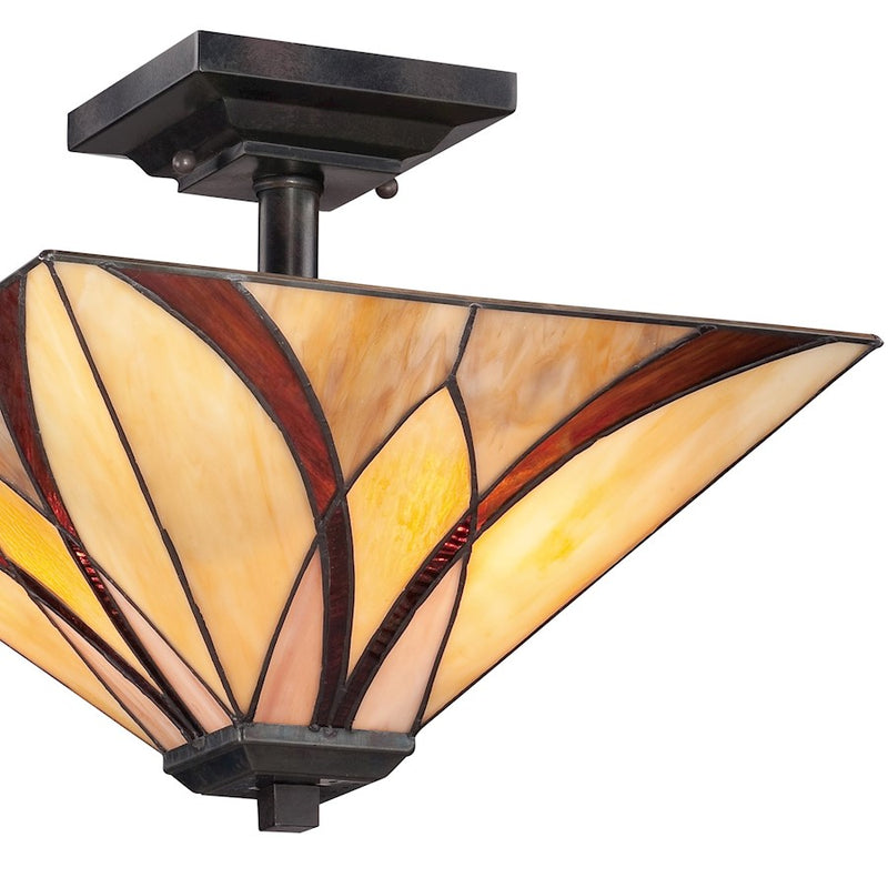 Quoizel Asheville 14in 2-Light Semi-Flush Mount | Traditional Valiant Bronze and Multicolor Art Glass | Bedroom & Hallway | Model TFAS1714VA