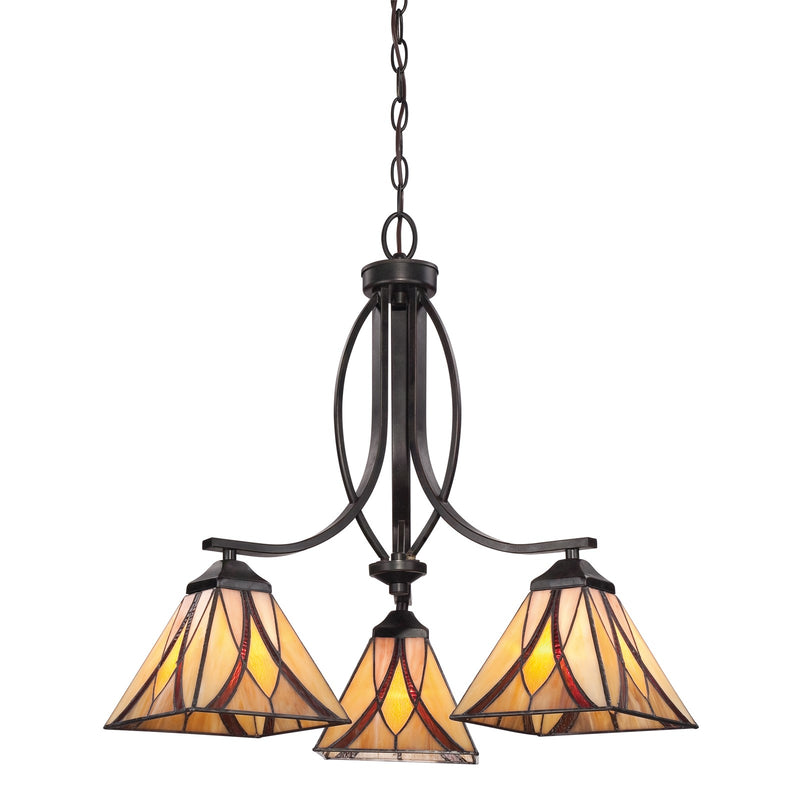 Quoizel Asheville 23in 3-Light Chandelier | Traditional Valiant Bronze and Multicolor Art Glass | Dining Room & Foyer | Model TFAS5003VA