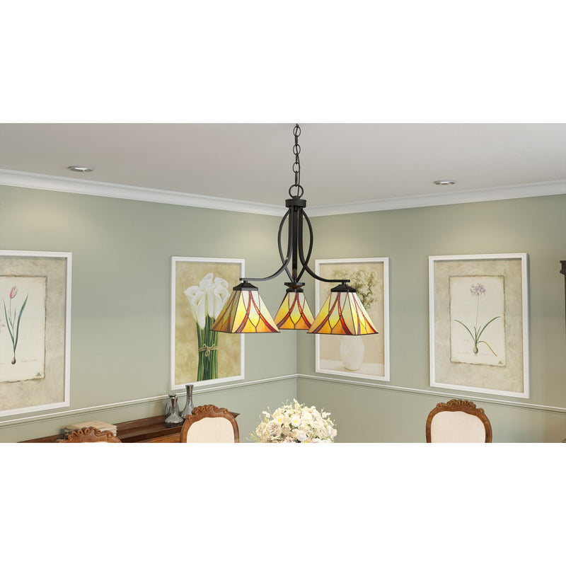 Quoizel Asheville 23in 3-Light Chandelier | Traditional Valiant Bronze and Multicolor Art Glass | Dining Room & Foyer | Model TFAS5003VA