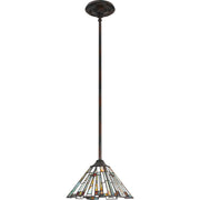 Quoizel Maybeck 8in 1-Light Mini Pendant | Tiffany Valiant Bronze and Multicolor Art Glass | Kitchen Island & Dining Room | Model TFMK1508VA