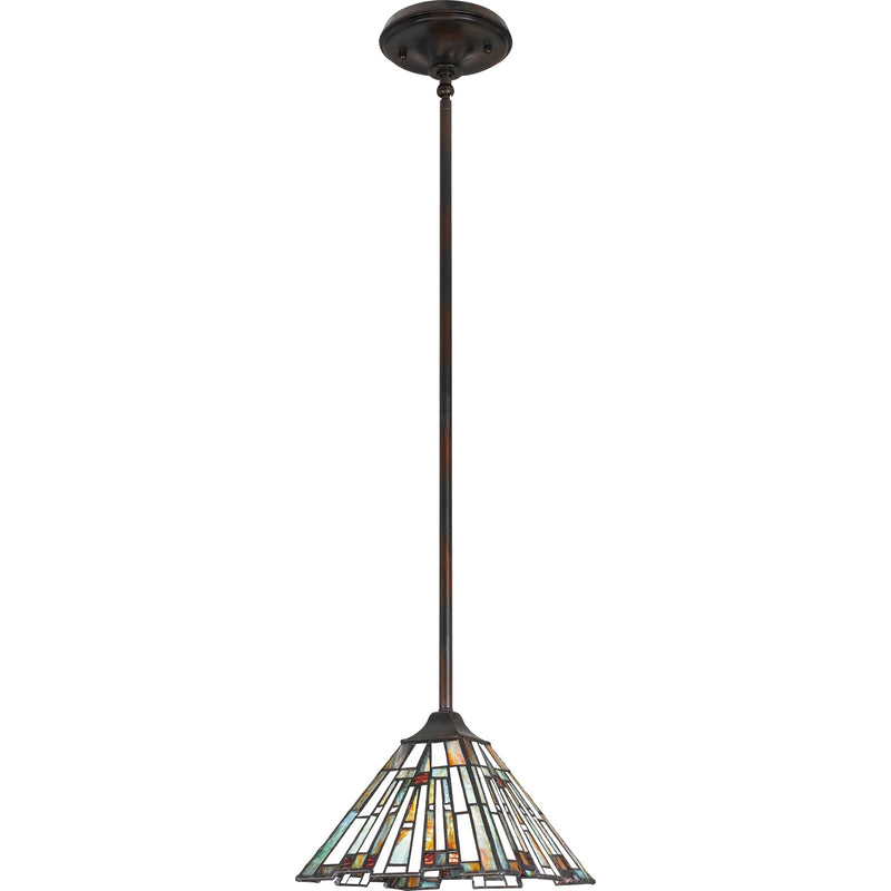 Quoizel Maybeck 8in 1-Light Mini Pendant | Tiffany Valiant Bronze and Multicolor Art Glass | Kitchen Island & Dining Room | Model TFMK1508VA