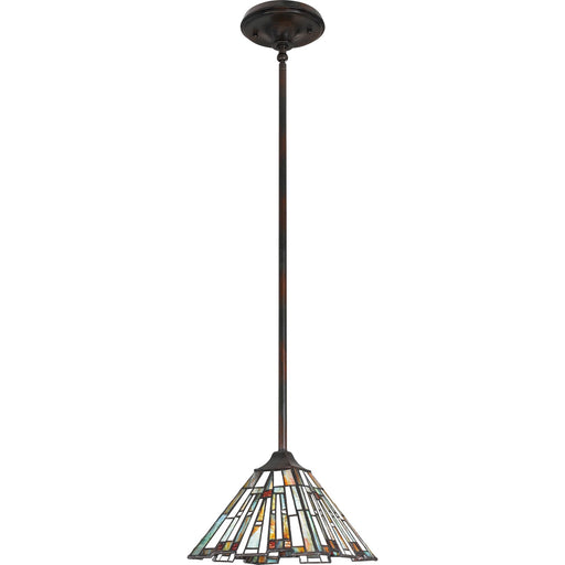 Quoizel Maybeck 8in 1-Light Mini Pendant | Tiffany Valiant Bronze and Multicolor Art Glass | Kitchen Island & Dining Room | Model TFMK1508VA