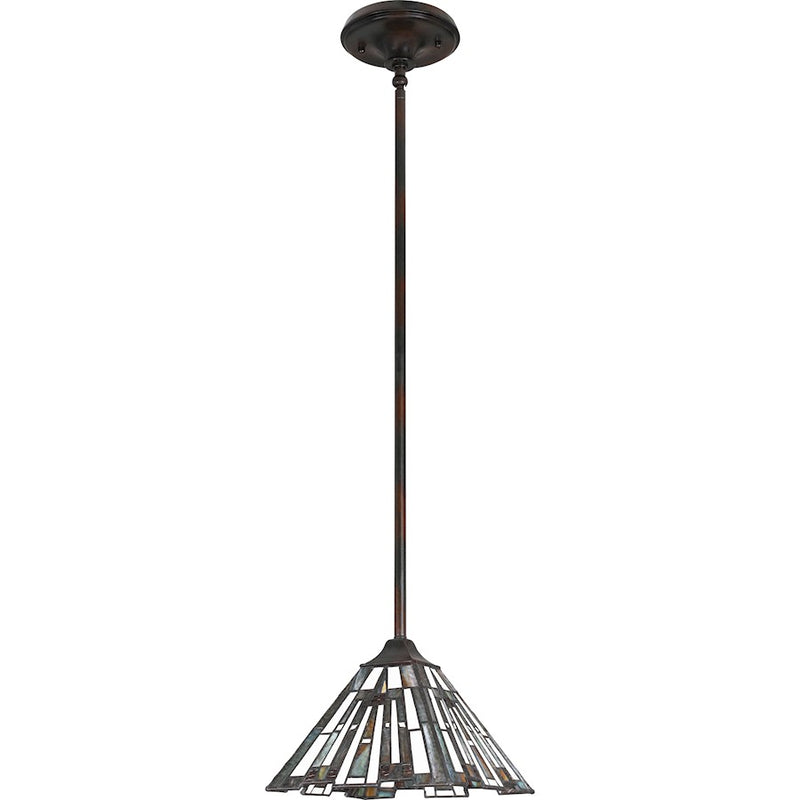 Quoizel Maybeck 8in 1-Light Mini Pendant | Tiffany Valiant Bronze and Multicolor Art Glass | Kitchen Island & Dining Room | Model TFMK1508VA