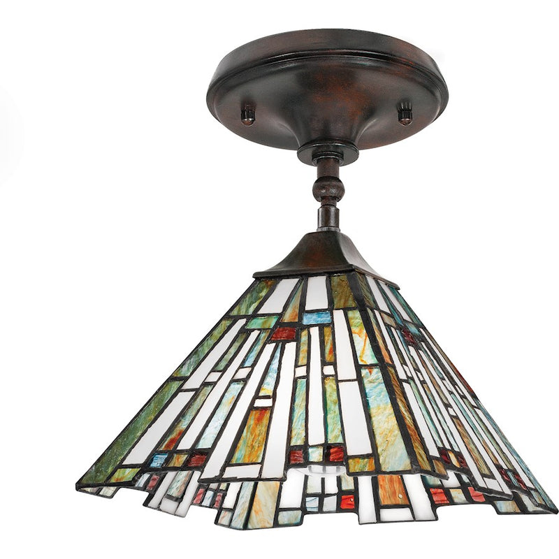 Quoizel Maybeck 8in 1-Light Mini Pendant | Tiffany Valiant Bronze and Multicolor Art Glass | Kitchen Island & Dining Room | Model TFMK1508VA