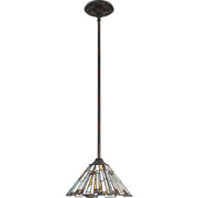 Quoizel Maybeck 8in 1-Light Mini Pendant | Tiffany Valiant Bronze and Multicolor Art Glass | Kitchen Island & Dining Room | Model TFMK1508VA