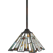 Quoizel Maybeck 8in 1-Light Mini Pendant | Tiffany Valiant Bronze and Multicolor Art Glass | Kitchen Island & Dining Room | Model TFMK1508VA
