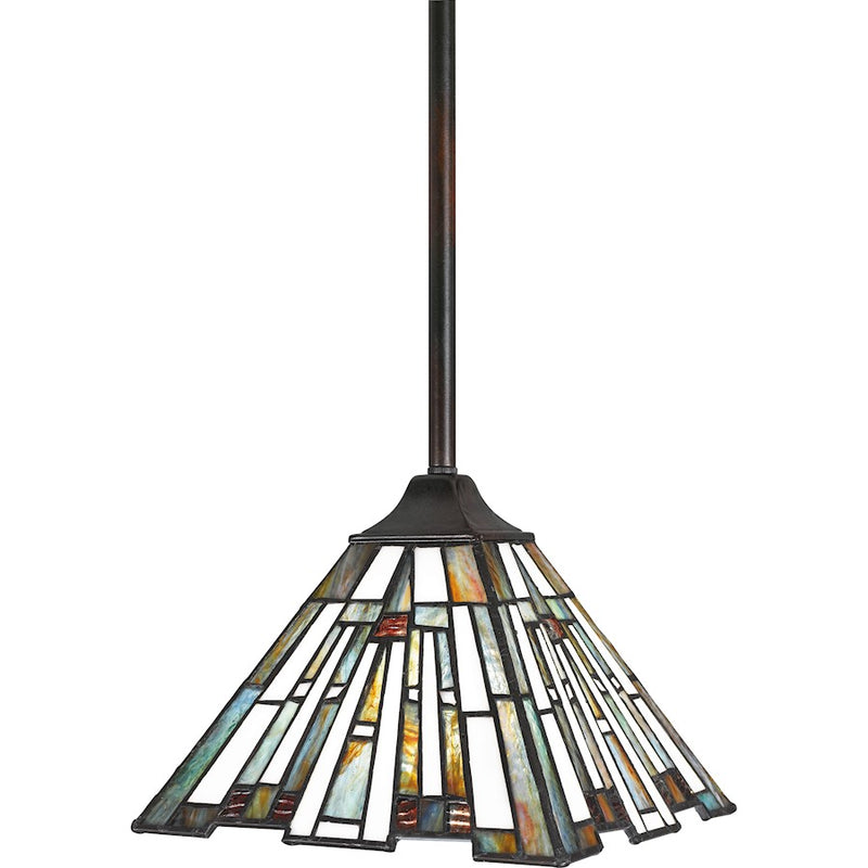 Quoizel Maybeck 8in 1-Light Mini Pendant | Tiffany Valiant Bronze and Multicolor Art Glass | Kitchen Island & Dining Room | Model TFMK1508VA