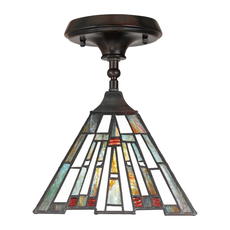 Quoizel Maybeck 8in 1-Light Mini Pendant | Tiffany Valiant Bronze and Multicolor Art Glass | Kitchen Island & Dining Room | Model TFMK1508VA