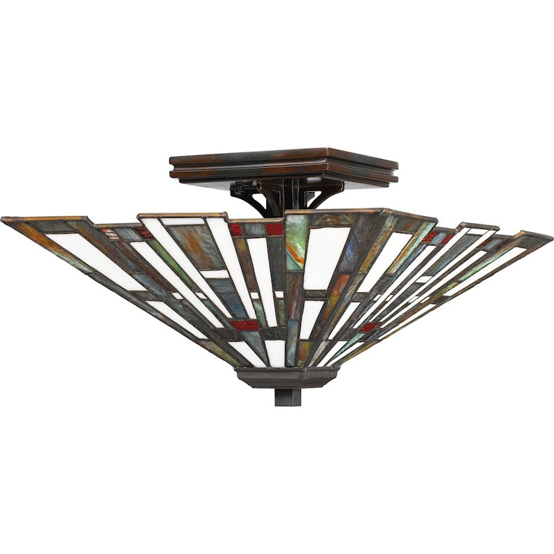 Quoizel Maybeck 14.5in 2-Light Flush Mount | Tiffany Valiant Bronze and Multicolor Art Glass | Bedroom & Hallway | Model TFMK1714VA